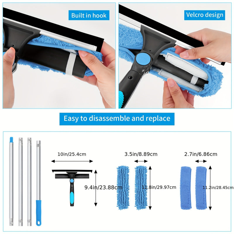 2-in-1 Window Cleaning Tool with Telescopic Handle and Microfibre Pads