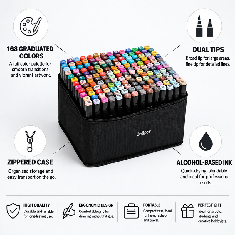 168 Colour Dual Tip Alcohol Marker Set