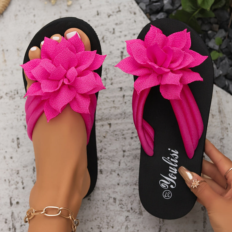 Ladies' Flip Flops with Platform Sole and Flower Detail Wide Fit