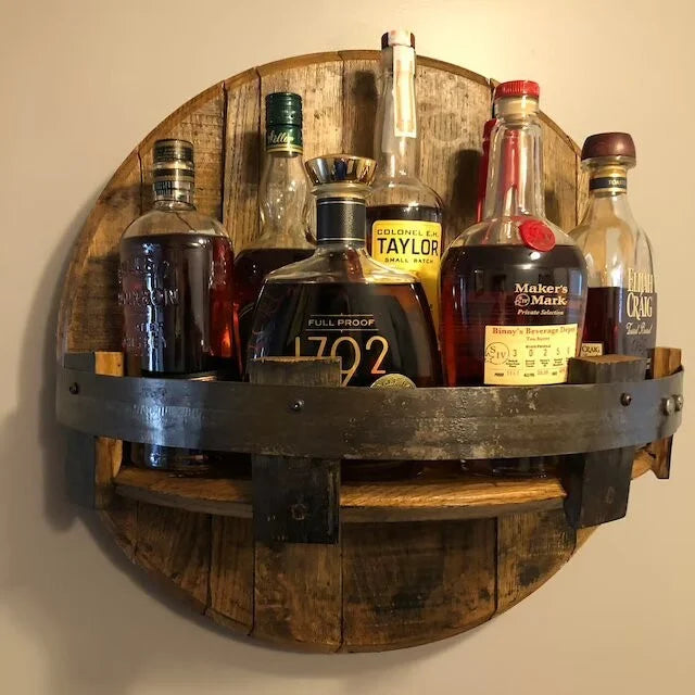 Wooden Wall-Mounted Drinks Display with Rustic and Industrial Look