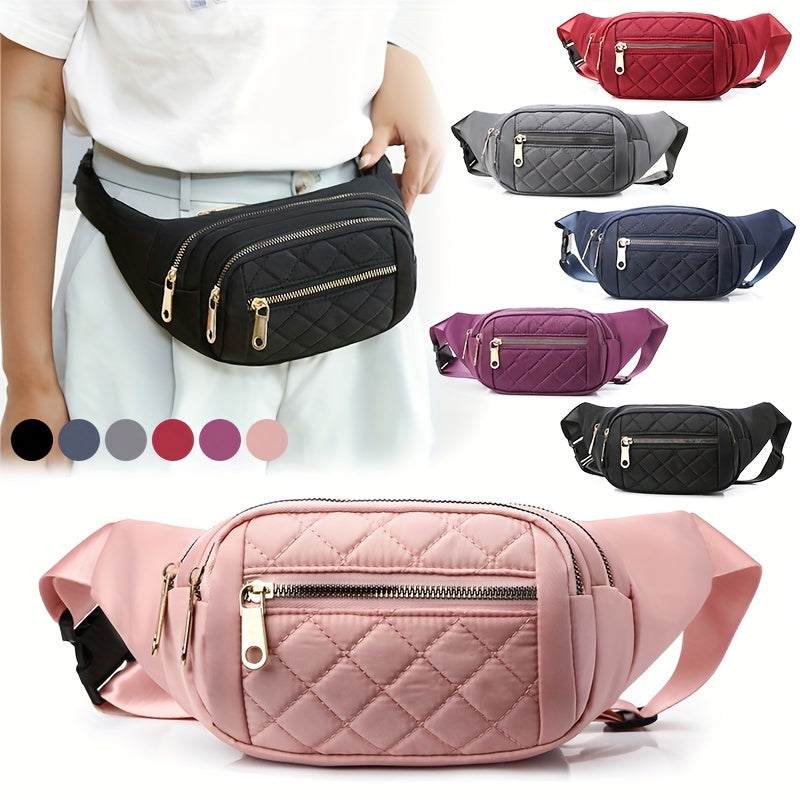 Lightweight Bum Bag for Women with Quilted Check Pattern and Double Zipper