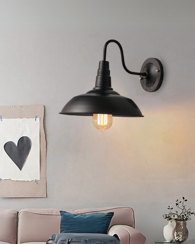 Vintage Metal Wall Sconce with Curved Arm & Wide Dome Shade