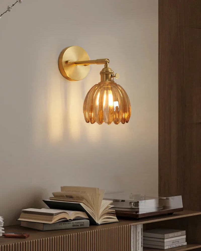 Flower-Inspired Glass Wall Sconce with Brass-Tone Fixture & Scalloped Shade