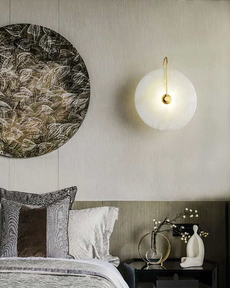 Alabaster LED Wall Lamp with Circular Stone Shade & Warm Ambient Light