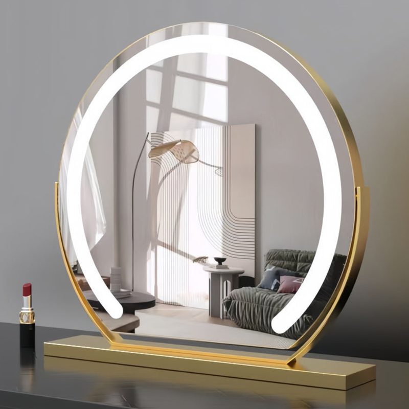 Round LED Dressing Table Mirror with Touch Controls and Rotating Frame