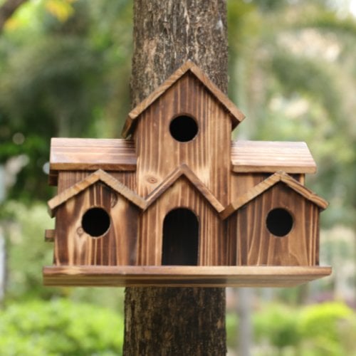 Rustic Wooden Hanging Birdhouse with Six Entrance Holes