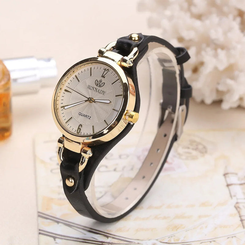 Ladies' Quartz Watch with Engraved Dial and Vegan Leather Strap