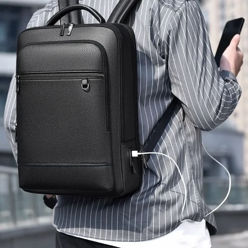 Unisex PU Leather Laptop Backpack with USB Charging Port for Everyday Travel