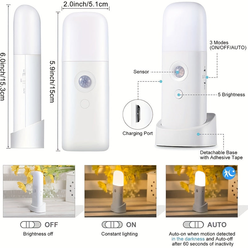 LED Night Light with Motion Sensor – USB Rechargeable and Adjustable Brightness for Bedrooms and Hallways