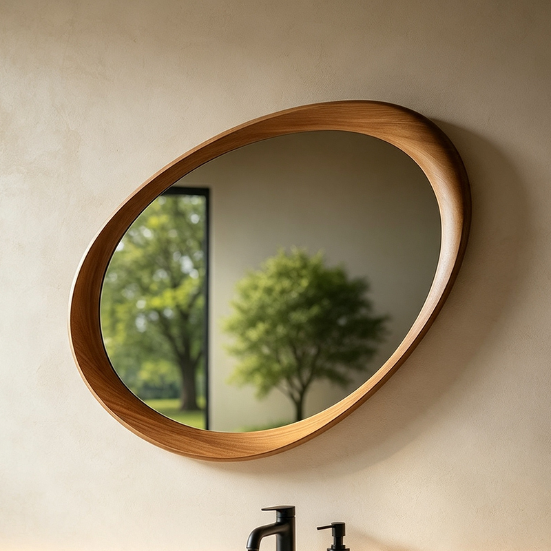 Oval Rubberwood Wall Mirror with Tempered Glass