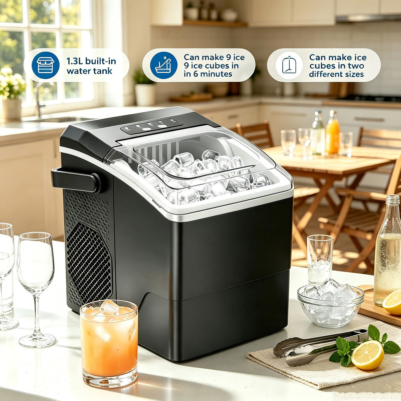 Compact Ice Cube Maker with Two Ice Cube Sizes and Quick Production