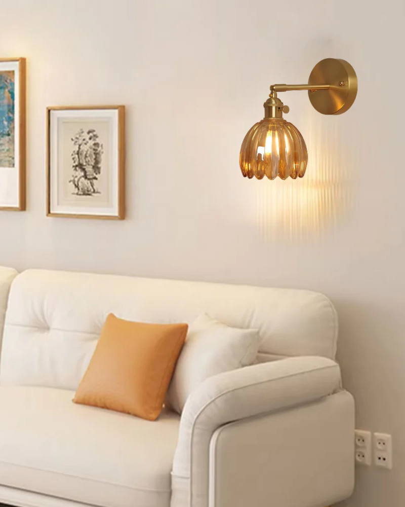 Flower-Inspired Glass Wall Sconce with Brass-Tone Fixture & Scalloped Shade