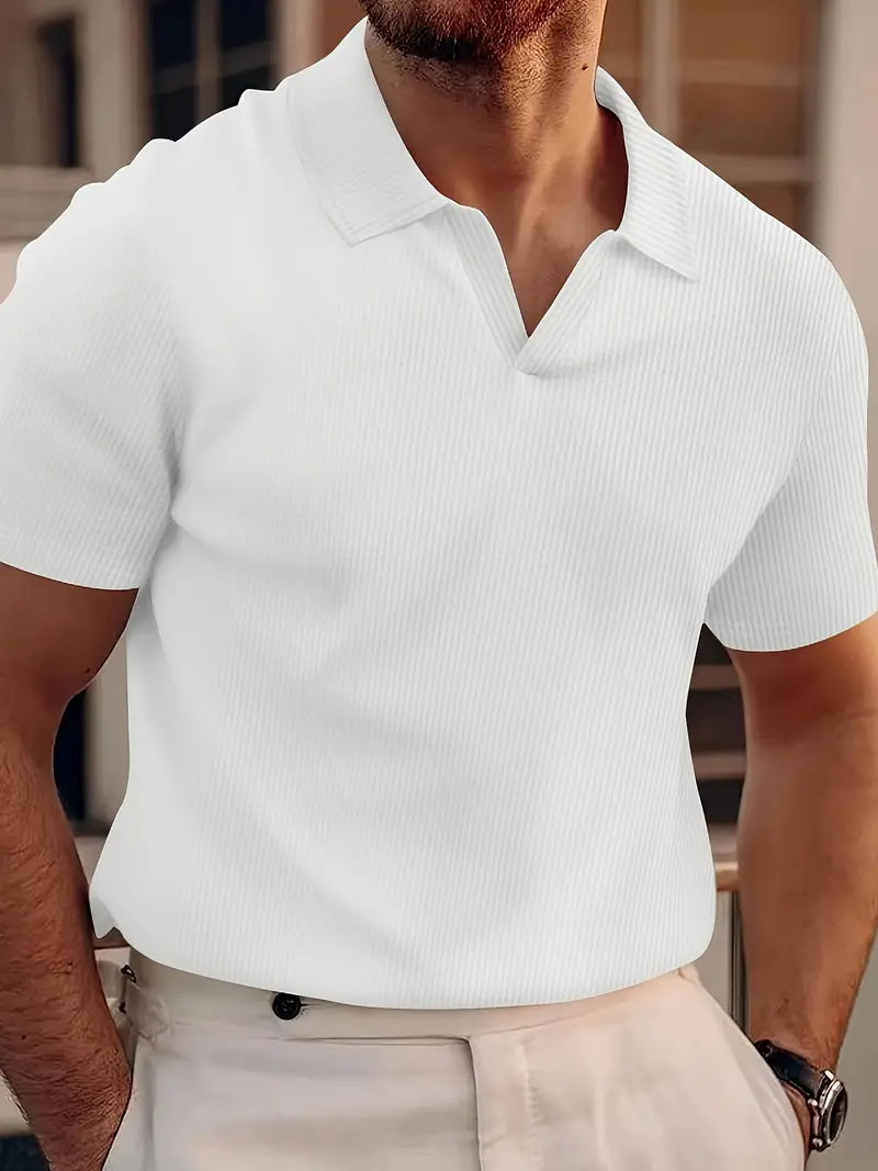 Ribbed Men's Polo Shirt with V-Neck and Short Sleeves