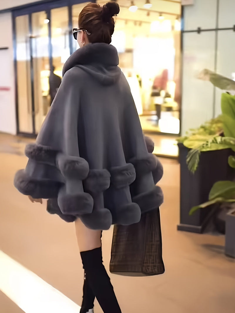 Hooded Cape for Women with Faux Fur Trim and a Tiered Hem