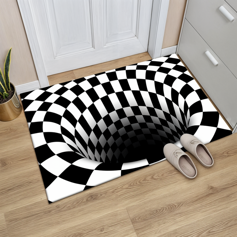 3D Optical Illusion Door Mat with Geometric Checkerboard Pattern for Hall