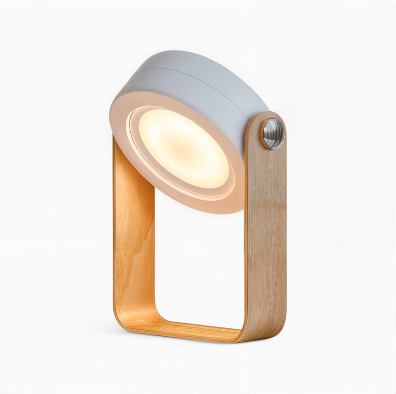 Dimmable LED Table Lamp with Wooden Frame and 360-Degree Adjustable Light