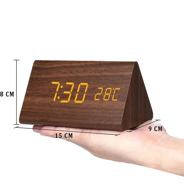 Wood-Effect LED Alarm Clock with Temperature Display