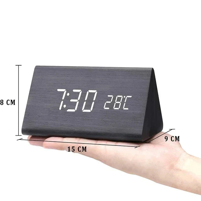 Wood-Effect LED Alarm Clock with Temperature Display