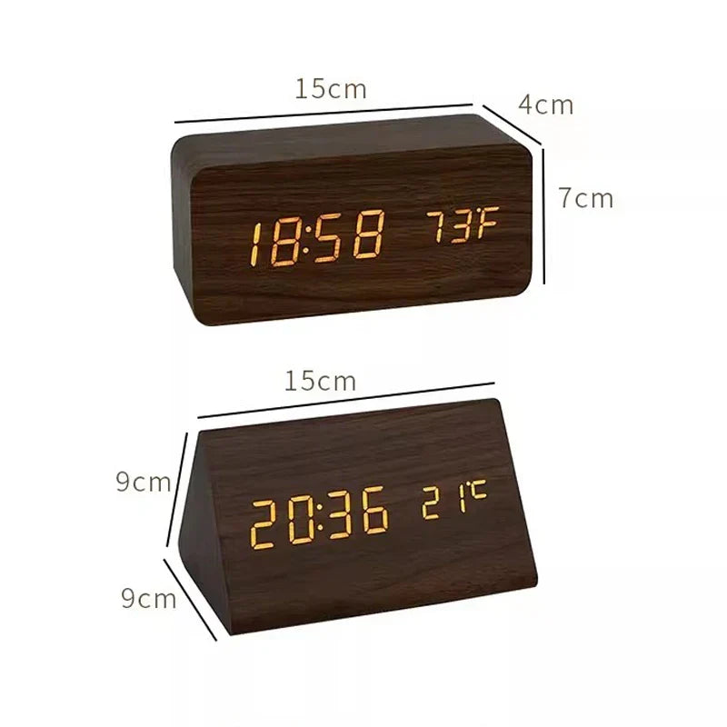 Wood-Effect LED Alarm Clock with Temperature Display