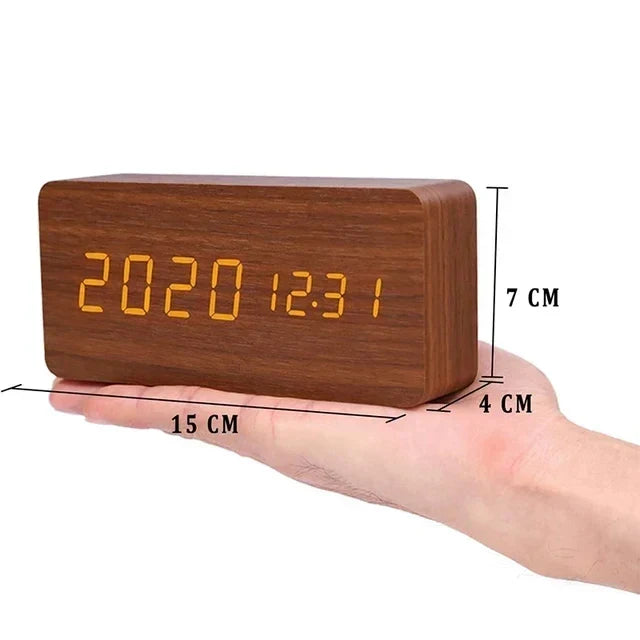 Wood-Effect LED Alarm Clock with Temperature Display