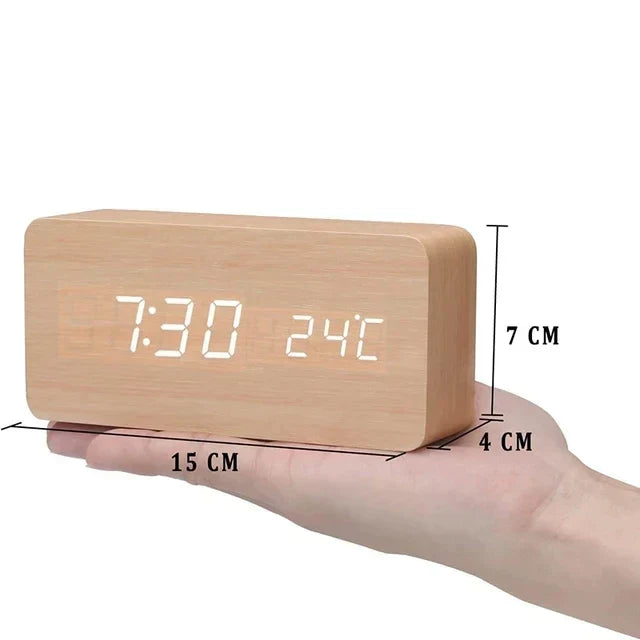 Wood-Effect LED Alarm Clock with Temperature Display