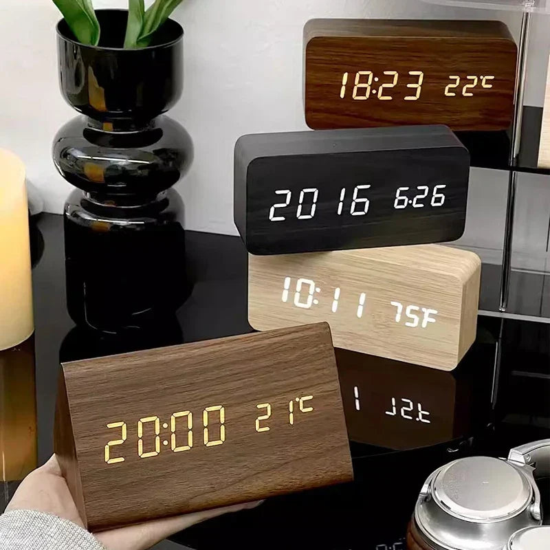 Wood-Effect LED Alarm Clock with Temperature Display