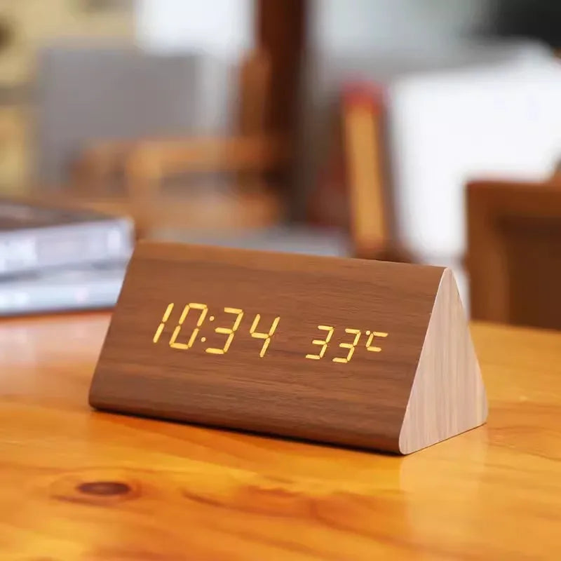 Wood-Effect LED Alarm Clock with Temperature Display