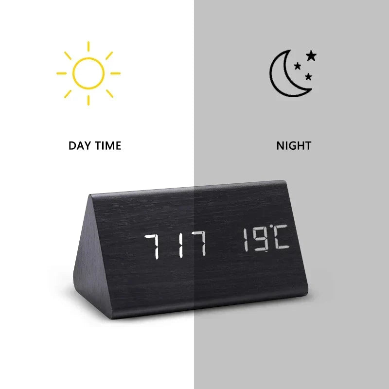 Wood-Effect LED Alarm Clock with Temperature Display