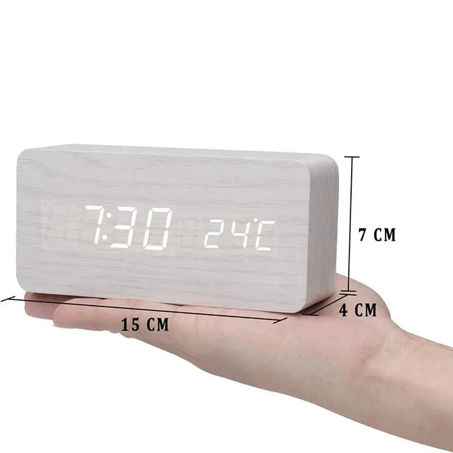Wood-Effect LED Alarm Clock with Temperature Display