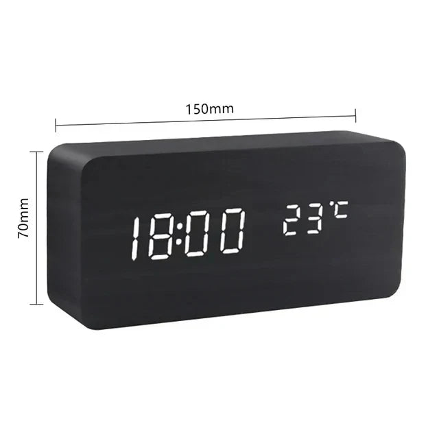 Wood-Effect LED Alarm Clock with Temperature Display