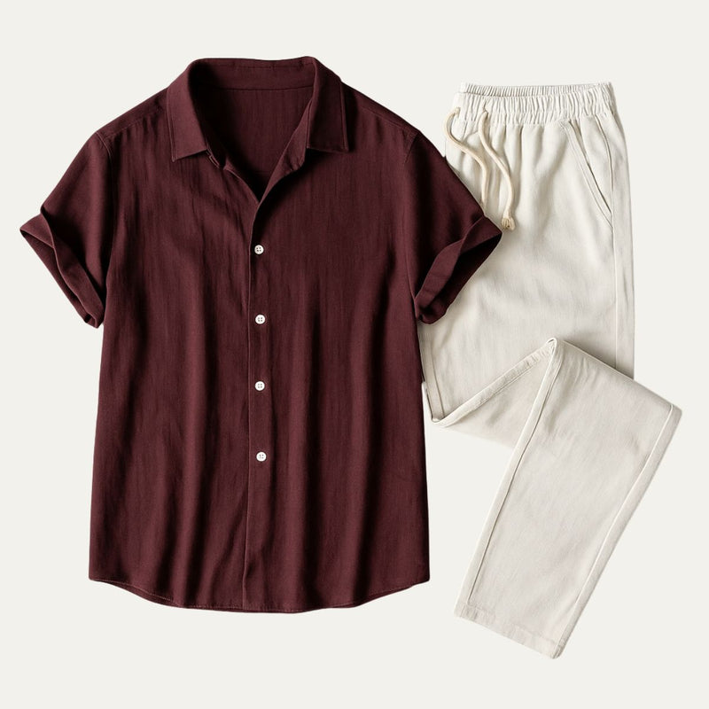 Men's Linen Set with Short Sleeves and Comfortable Trousers
