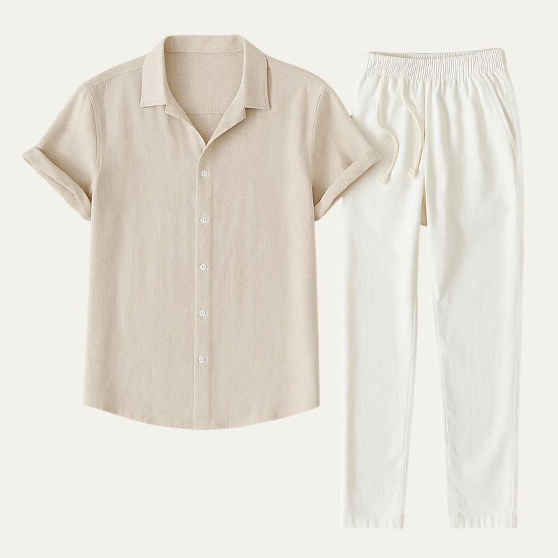 Men's Linen Set with Short Sleeves and Comfortable Trousers