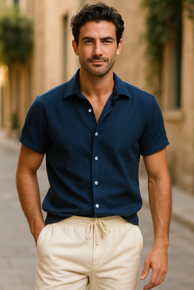 Men's Linen Set with Short Sleeves and Comfortable Trousers