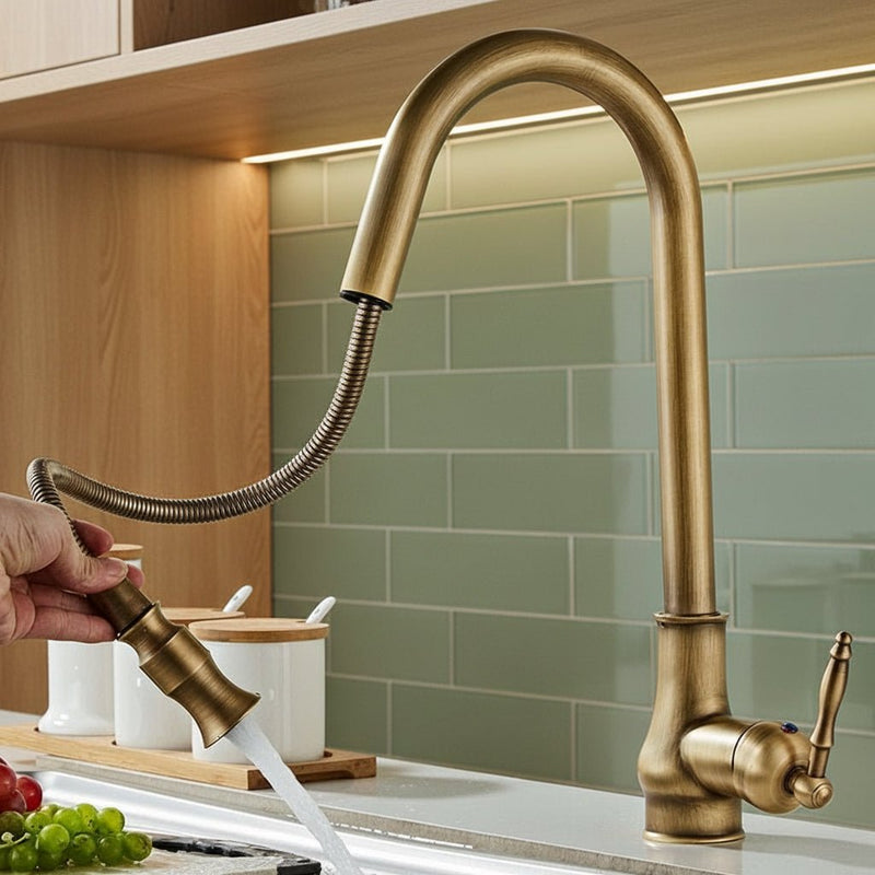 Pull-Out Kitchen Tap with Flexible Spray Head and Solid Brass Construction