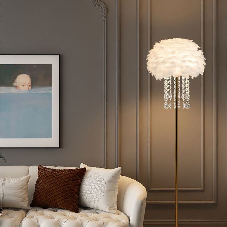 Feather and Crystal Floor Lamp for Elegant Living Room Lighting