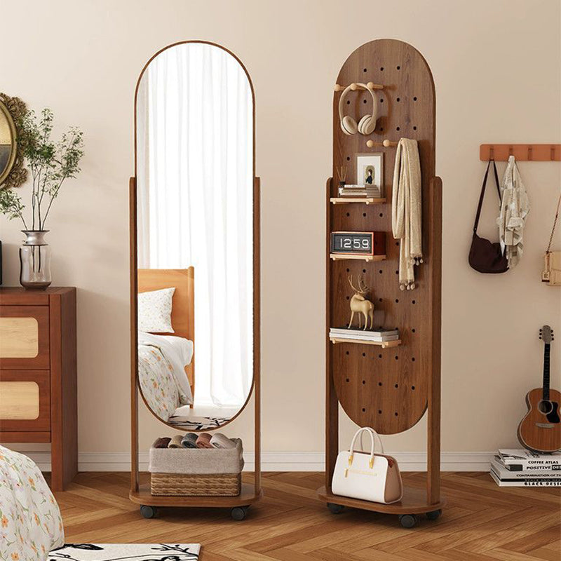 Full-Length Mirror with Wheeled Storage and Pegboard for Bedrooms