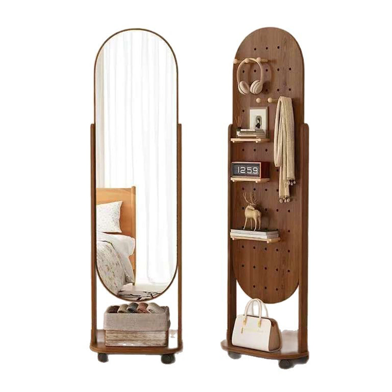 Full-Length Mirror with Wheeled Storage and Pegboard for Bedrooms