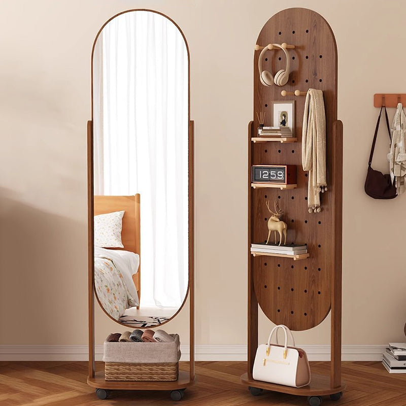 Full-Length Mirror with Wheeled Storage and Pegboard for Bedrooms