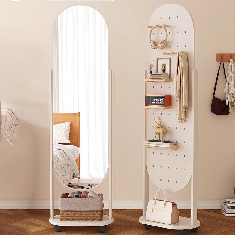 Full-Length Mirror with Wheeled Storage and Pegboard for Bedrooms