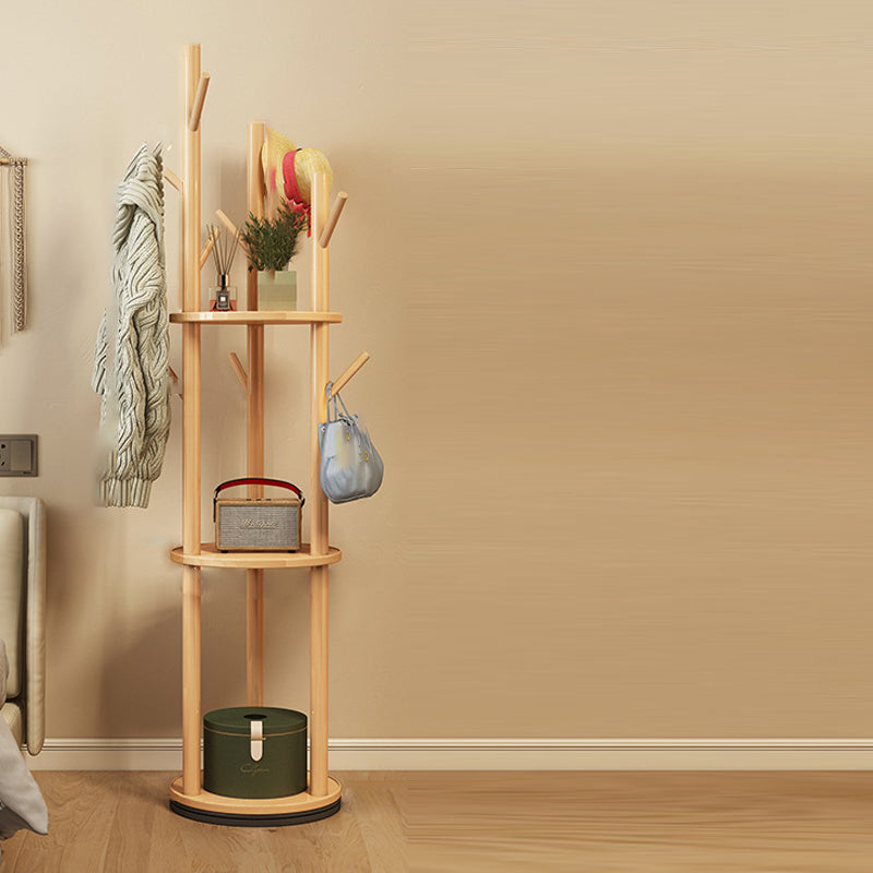 Rotating Wood Coat Rack with Multi-Level Storage