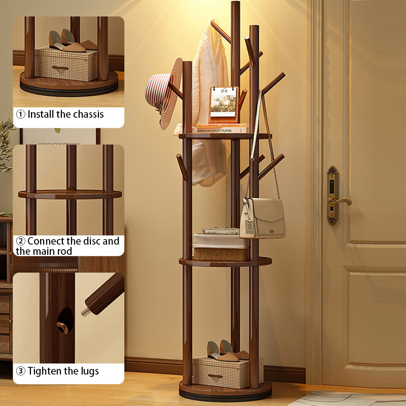 Rotating Wood Coat Rack with Multi-Level Storage