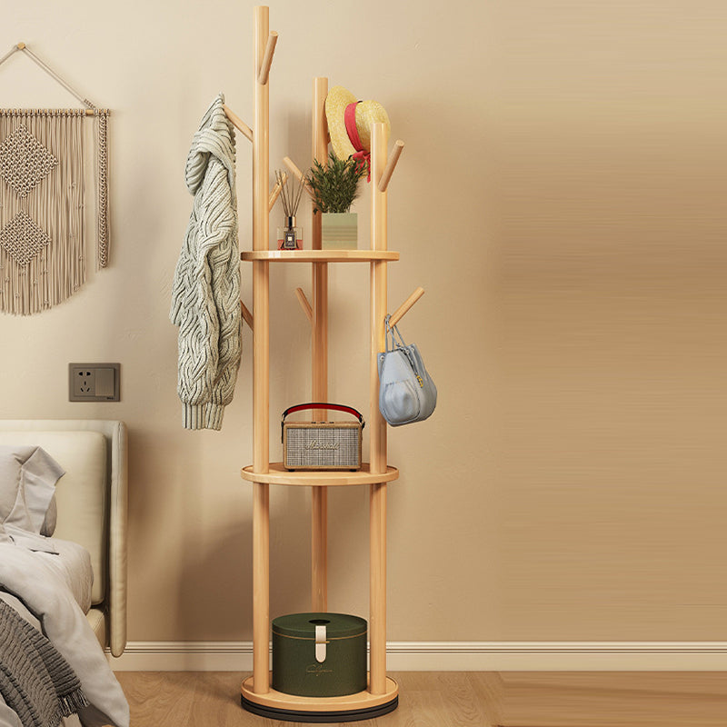 Rotating Wood Coat Rack with Multi-Level Storage