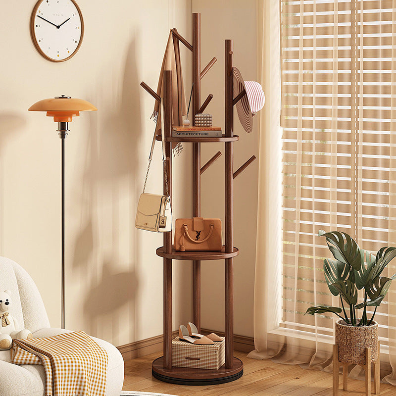 Rotating Wood Coat Rack with Multi-Level Storage