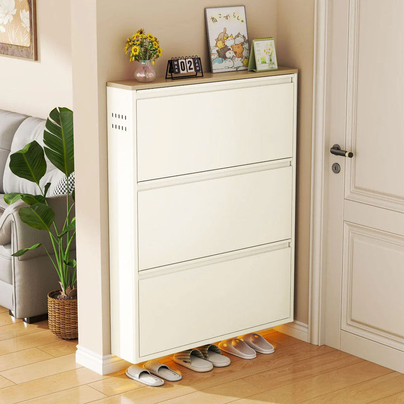 Slim Steel Shoe Cabinet with Flip-Drawer Storage