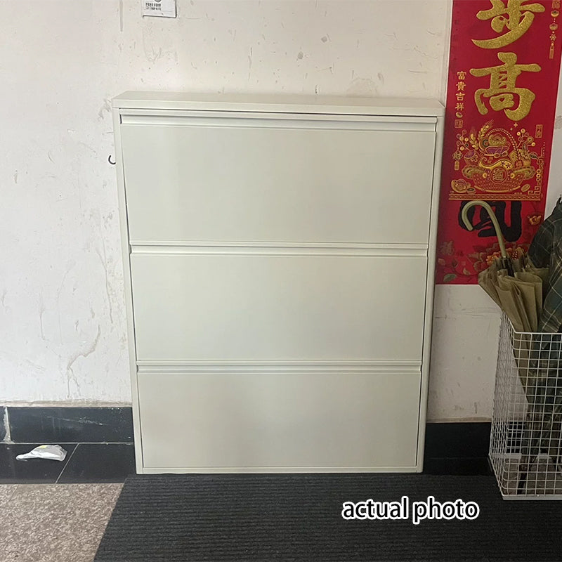 Slim Steel Shoe Cabinet with Flip-Drawer Storage
