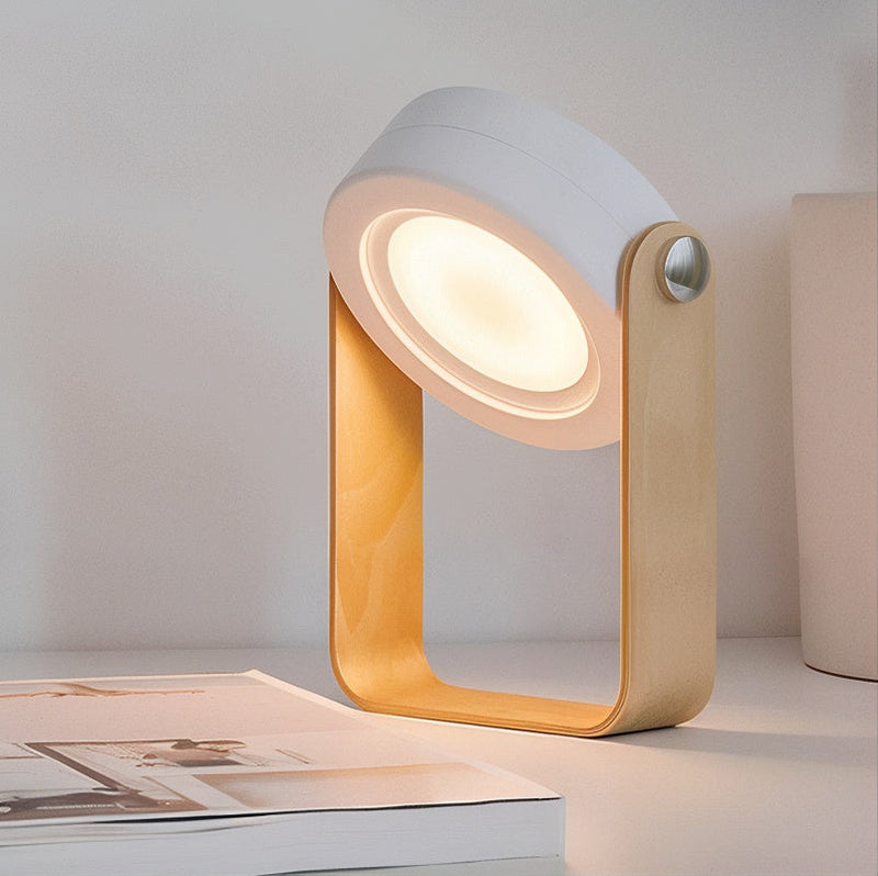 Dimmable LED Table Lamp with Wooden Frame and 360-Degree Adjustable Light