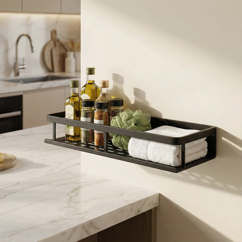 Metal Kitchen Wall Shelf Black – Space-Saving Storage Rack with Hooks