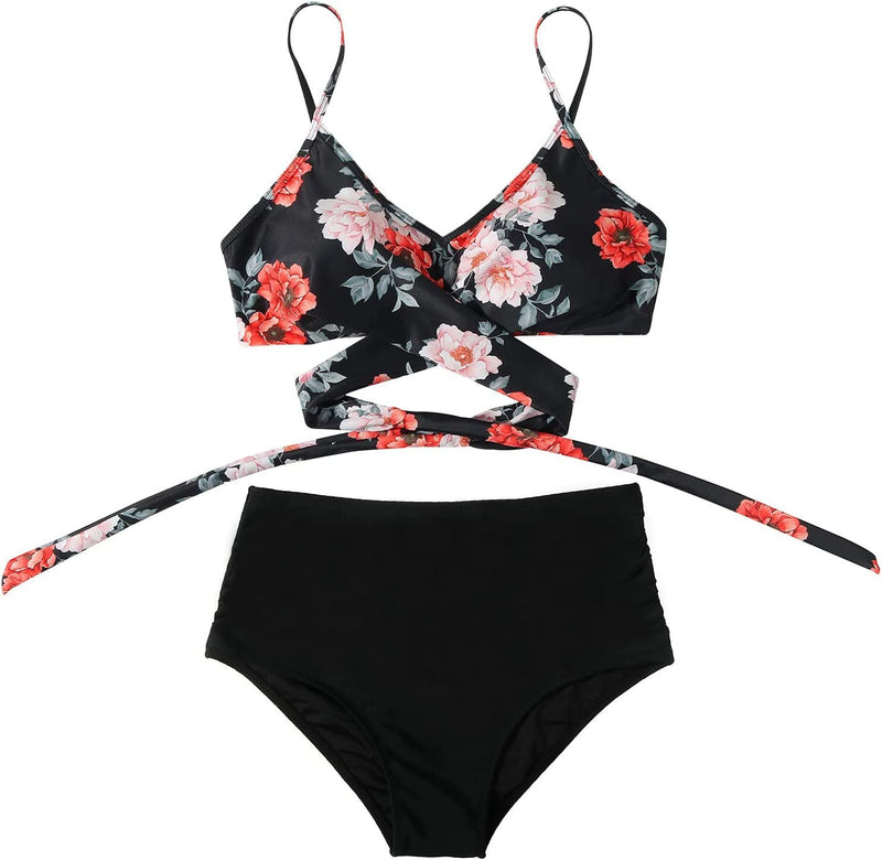 Ladies High Waist Bikini with Tropical Print and Pads