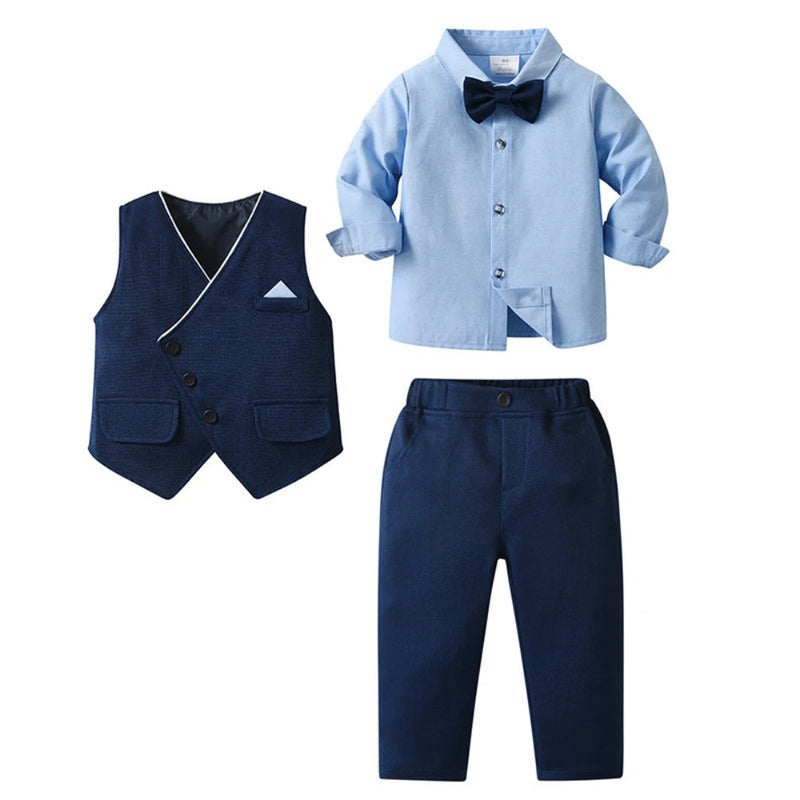 Chic Boys' 3-Piece Suit – Blue Shirt, Waistcoat and Trousers with Bow Tie