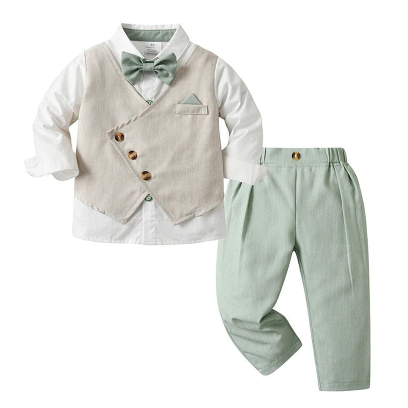 Chic Boys' 3-Piece Suit – Blue Shirt, Waistcoat and Trousers with Bow Tie